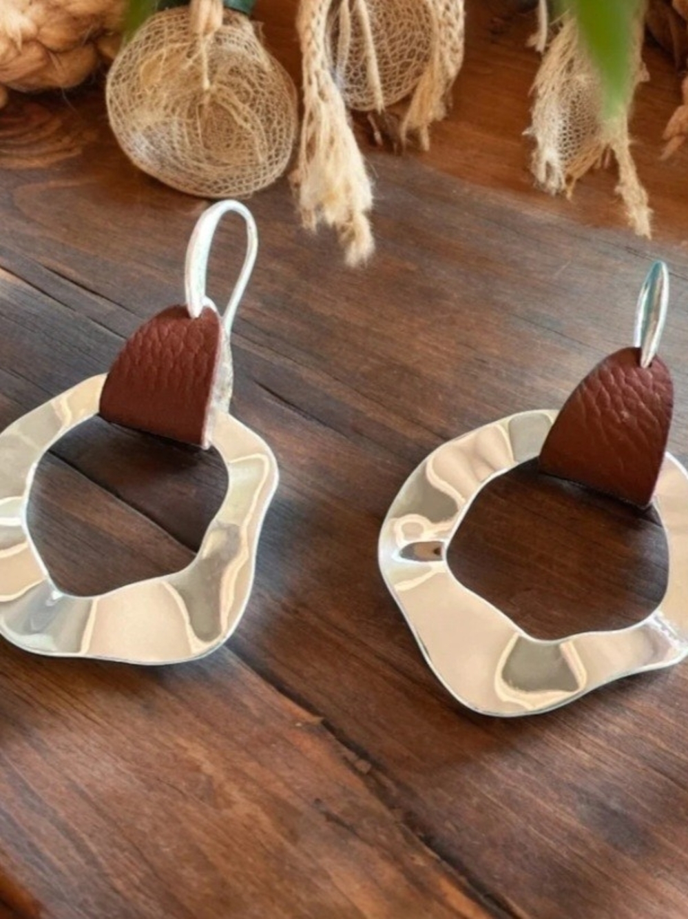 Geometric Swirl Hammered Silver-Tone Drop Earrings with Brown Leather Detail